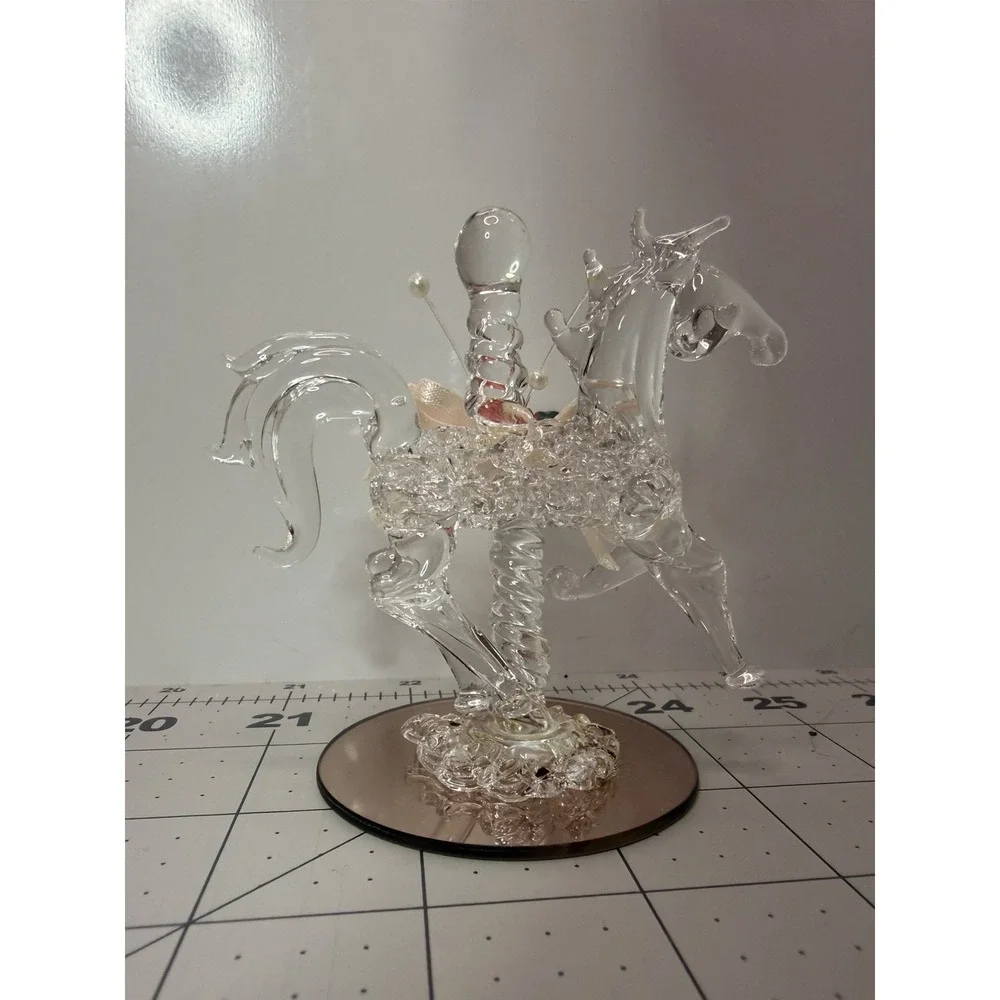 Vintage Spun Glass Carousel Horse Figurine Mirrored Base Rose Bow In Box